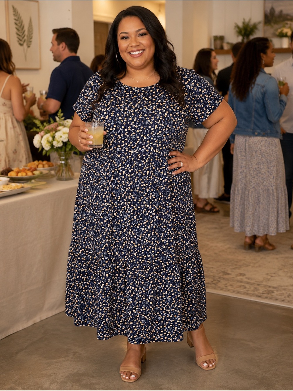 Navy Floral Midi Dress Size 2XL